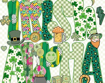 Irländskt St Patrick's Day-alfabet PNG Clipart-set med shamrockbokstäver och grönrosa rosettdesigner för sublimeringspyssel