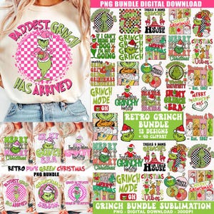 May include: A beige t-shirt with a Grinch graphic that says "Baddest Grinch Has Arrived" in pink and green. The image also shows a collection of Grinch-themed digital designs, including ornaments and text graphics, perfect for Christmas-themed projects.