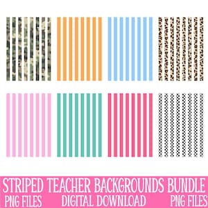 Pu&ograve; includere: Una collezione di otto sfondi digitali con strisce verticali in vari motivi e colori. I disegni includono camouflage, arancione, azzurro, stampa leopardata, rosa, verde acqua, rosso e motivi a scacchi bianchi e neri. Il testo "STRIPED TEACHER BACKGROUNDS BUNDLE" &egrave; in basso.