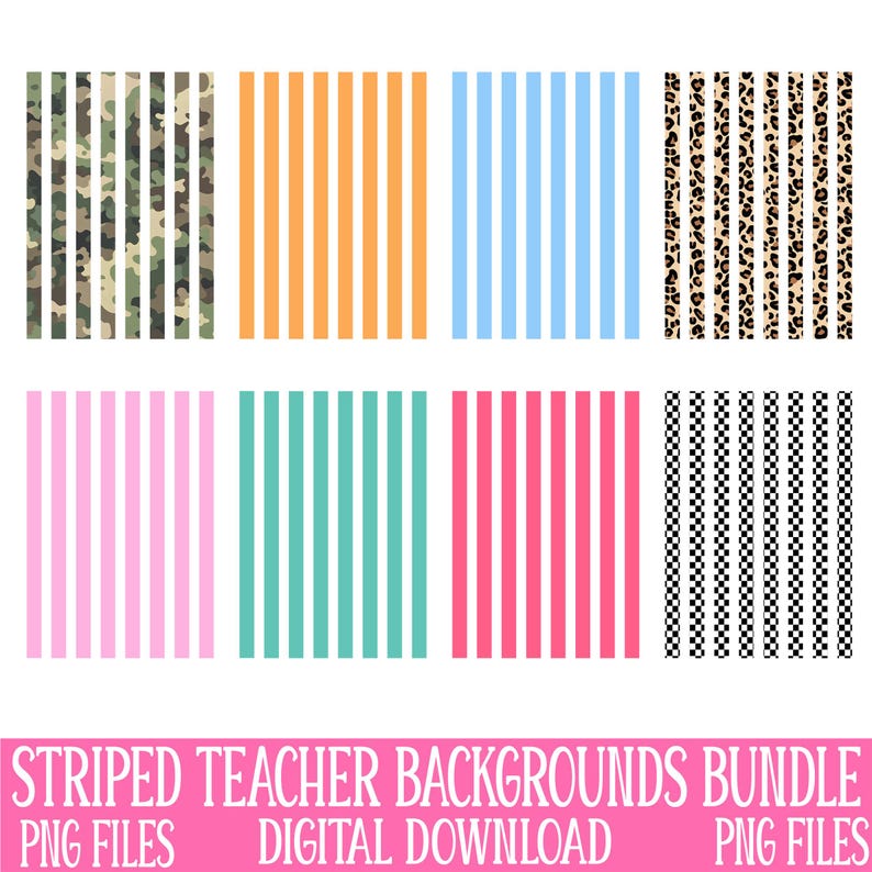Pu&ograve; includere: Una collezione di otto sfondi digitali con strisce verticali in vari motivi e colori. I disegni includono camouflage, arancione, azzurro, stampa leopardata, rosa, verde acqua, rosso e motivi a scacchi bianchi e neri. Il testo "STRIPED TEACHER BACKGROUNDS BUNDLE" &egrave; in basso.