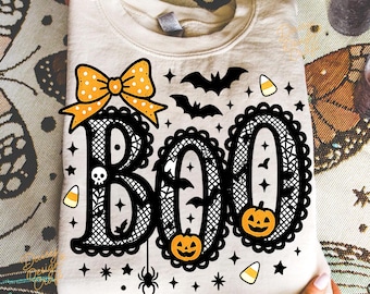 Kanten Boo Halloween Coquette PNG, Boo Coquette strik, pompoen Halloween png, Preppy Halloween, Leuke Halloween png, Spooky Vibes, Herfstshirt png
