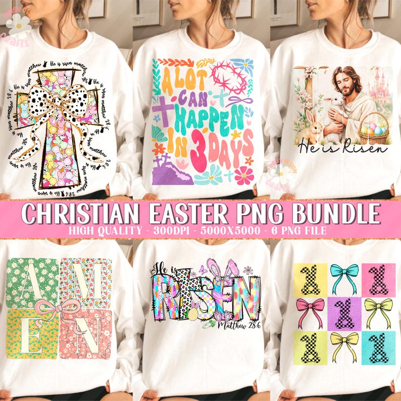 Pu&ograve; includere: Un set di sei design digitali con temi pasquali cristiani. I design includono una croce con accenti floreali, una grafica colorata con il testo "Molto pu&ograve; accadere in 3 giorni", una grafica con il testo "&Egrave; risorto", una grafica con il testo "Amen", una grafica con il testo "&Egrave; risorto" e un riferimento biblico, e una grafica con un motivo a scacchi e fiocchi.