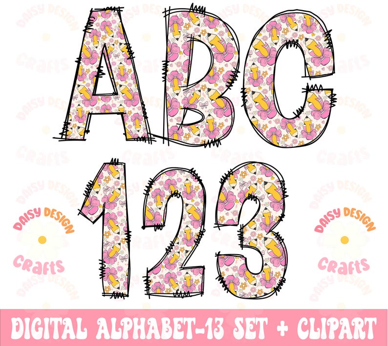May include: A set of pink and yellow alphabet letters and numbers with a pencil and flower pattern. The letters are A, B, and C. The numbers are 1, 2, and 3. The letters and numbers are outlined in black. The text "DAISY DESIGN CRAFTS" is in the corners of the image.