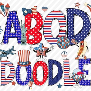 4th of July alphabet Doodle, USA Alphabet PNG, 4th of july Clip Art PNG, Patriotic Letters & Numbers, Doodle font png, digital Alpbahet png
