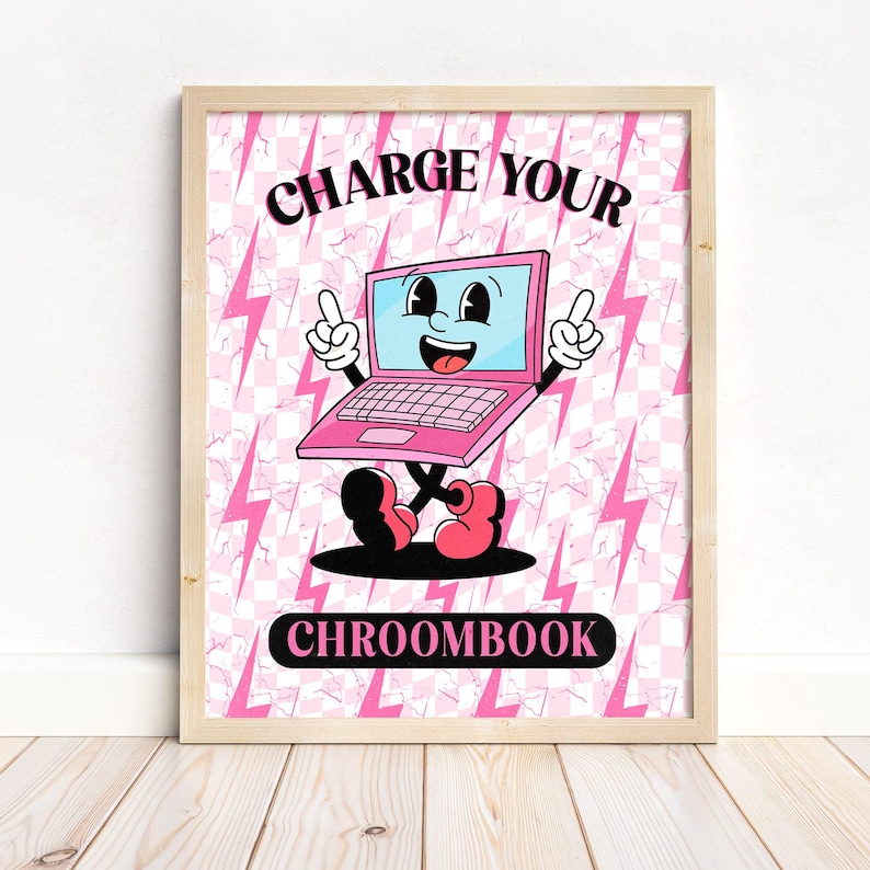 May include: A pink and blue cartoon Chromebook with a smiling face and lightning bolts on a pink and white checkered background. The text "CHARGE YOUR CHROOMBOOK" is written in black letters.