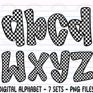 Puede incluir: Conjunto de alfabeto digital con las letras a, b, c, d, w, x, y y z. Cada letra presenta un patr&oacute;n de cuadros blancos y negros y un contorno negro. El texto "DIGITAL ALPHABET - 7 SETS - PNG FILES" se muestra debajo.