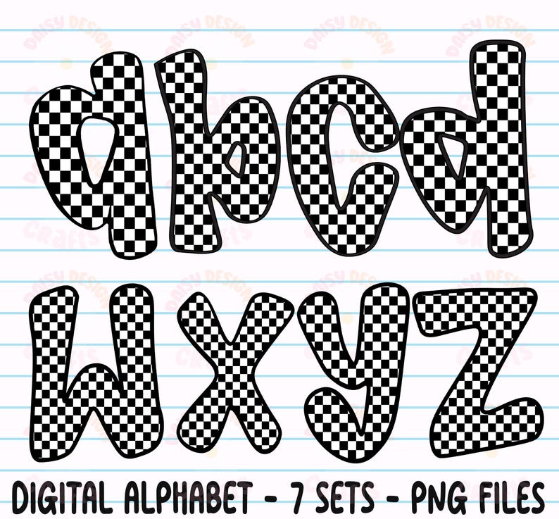 Puede incluir: Conjunto de alfabeto digital con las letras a, b, c, d, w, x, y y z. Cada letra presenta un patr&oacute;n de cuadros blancos y negros y un contorno negro. El texto "DIGITAL ALPHABET - 7 SETS - PNG FILES" se muestra debajo.