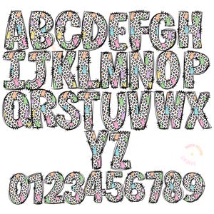 May include: A colorful alphabet and numbers with a black and white cheetah print background. The letters and numbers are outlined in black and have a fuzzy texture. The letters and numbers are filled with pastel colors and have a pattern of small pastel colored bunnies.