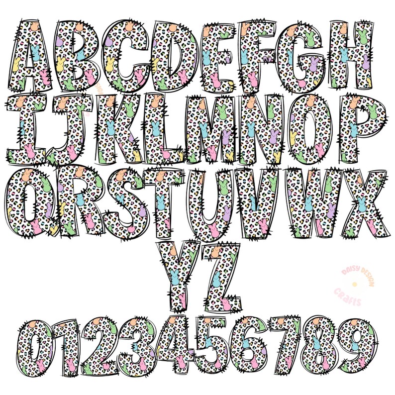 May include: A colorful alphabet and numbers with a black and white cheetah print background. The letters and numbers are outlined in black and have a fuzzy texture. The letters and numbers are filled with pastel colors and have a pattern of small pastel colored bunnies.
