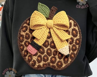 Teacher Leopard Apple Crochet PNG, Pencil Bow Clipart (Digital Download)