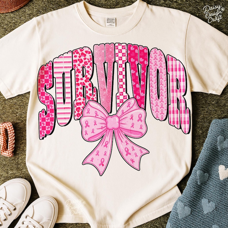 May include: Cream-colored t-shirt with the word "SURVIVOR" in pink, patterned letters. A pink bow with pink ribbons is centered below the word. The shirt is a casual style, suitable for everyday wear.