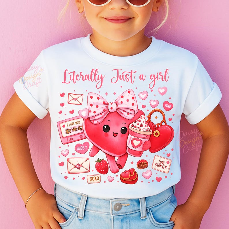 Literally Just a Girl Valentine PNG, Cute Girly Heart Character PNG, Pink Coquette Valentine Design for Kids Shirt, Toddler Valentine png image 2