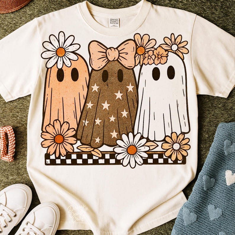 May include: Cream-colored t-shirt featuring a whimsical design of three ghost figures adorned with daisies and bows. The ghosts are in shades of peach, brown, and white, with star and daisy accents. A black and white checkered border is at the bottom.