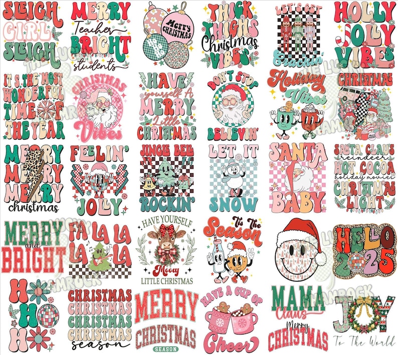 May include: A collection of Christmas-themed designs with various text and graphic elements. The designs include phrases like "Merry Christmas," "Holly Jolly Vibes," and "Hello 2023," along with images of Santa, ornaments, and festive characters.