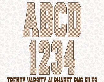 Varsity-alfabet png, bundel preppy dambordletters, shirtontwerp aangepast naamshirt, trendy college-lettertype, sublimatie png-set
