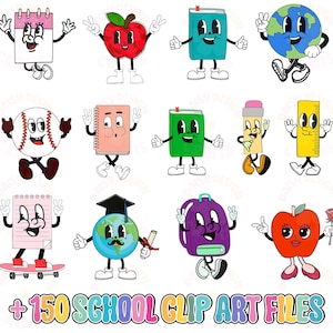 May include: A collection of colorful cartoon school-themed clip art. The illustrations include a calendar, apple, book, globe, baseball, notebook, pencil, ruler, backpack, and a red apple holding a rose. The text at the bottom reads "+150 SCHOOL CLIP ART FILES."
