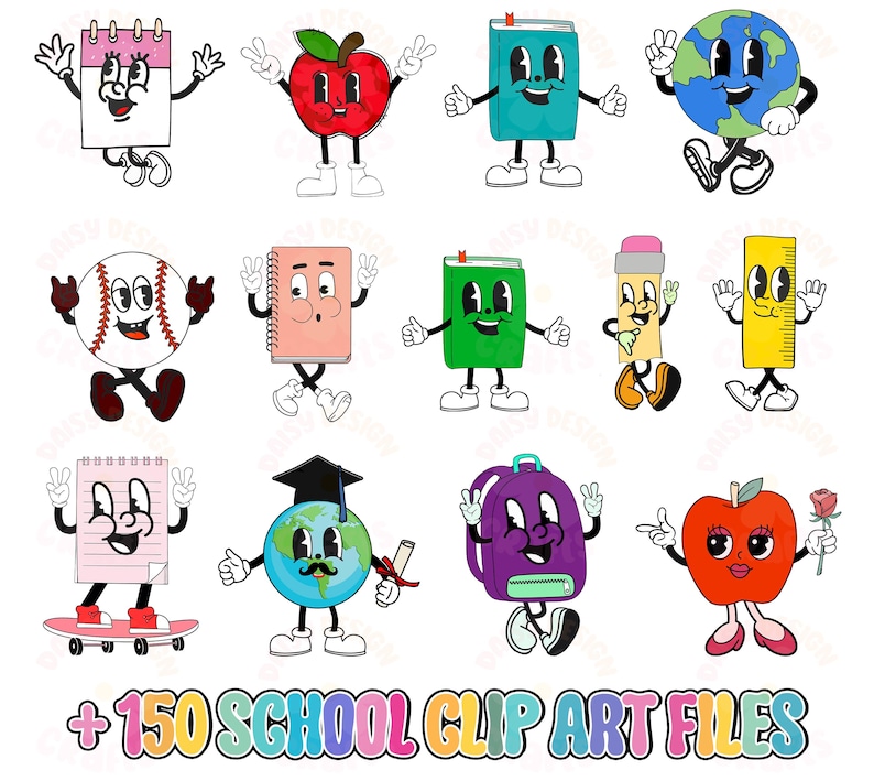 May include: A collection of colorful cartoon school-themed clip art. The illustrations include a calendar, apple, book, globe, baseball, notebook, pencil, ruler, backpack, and a red apple holding a rose. The text at the bottom reads "+150 SCHOOL CLIP ART FILES."