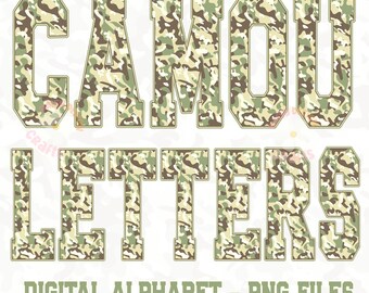 Camo Alphabet PNG - Digital Download, Varsity Camouflage Font, Letters Font Sublimation Design, Distressed Military Lettering