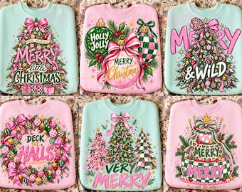 Christmas Tree PNG Bundle, Pink Coquette Christmas PNG, Retro Preppy Bow Sublimation, Girly Holiday Shirt Design, DTF Download