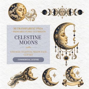 Può includere: Una collezione digitale di illustrazioni di lune celestiali con volti umani, stelle e ciondoli in oro e blu navy. Il testo recita 30 TRANSPARENT PNGs + PRINTABLE FUSSY-CUT SHEETS CELESTINE MOONS VINTAGE CELESTIAL MOON FACE CLIPART COMMERCIAL LICENSE.