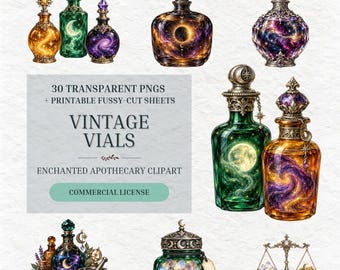 May include: A collection of digital illustrations featuring ornate glass vials and jars with celestial, nebula, and moon motifs, accompanied by text reading 30 TRANSPARENT PNGS + PRINTABLE FUSSY-CUT SHEETS VINTAGE VIALS ENCHANTED APOTHECARY CLIPART.