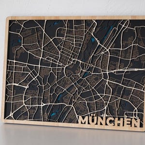 Houten stadskaart, individuele stadskaart, gepersonaliseerd, 4 lagen stadskaart, zwart, perfect cadeau voor bruiloft, jubileum