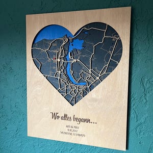 Wooden city map &quot;Where it all began&quot; 30 x 40 cm heart - wedding anniversary gift