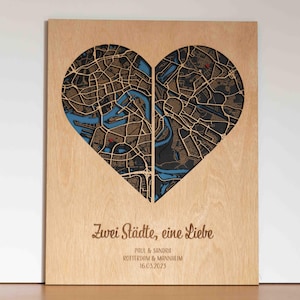 Carte de ville en bois Deux villes, un amour – 30 x 40 cm Coeur – Cadeau anniversaire de mariage