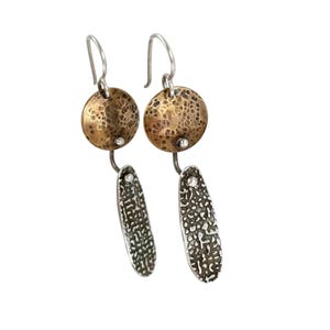 Handmade Mixed Metal Earrings, Brass and Silver, Precious Metal Clay, PMC, Drop Dangle, Recycled Materials, OOAK