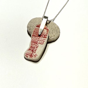 Handmade Red and White Pottery Necklace: Sterling Silver Bail, Chain