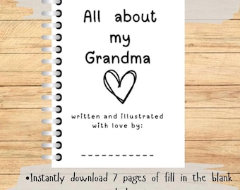 A Book about my Grandma Fill in the Blank. Grandmother DIY gift. All About my Grandma Book Template digital download