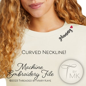 May include: A white t-shirt with a curved neckline and a small red heart embroidered on the right shoulder. The text "granny" is embroidered in black below the heart. The text "Machine Embroidery File" is written in black cursive script below the image of the t-shirt. The text "©2023 THREADED BY MARY KAYE" is written in black below the cursive text. A white circle with a black needle and thread design is in the lower right corner with the text "BY MK" in black.
