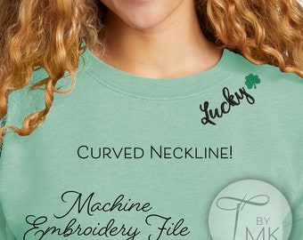 Wzór do haftu - Szczęście - Dzień Świętego Patryka - Zakrzywiony dekolt Tekst - Zakrzywione słowa na kołnierzyku