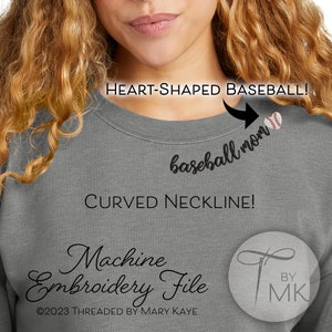 Embroidery Pattern - Heart Baseball Mom - Heart Baseball Mama - Curved Neckline Text - Curved Words on Collar