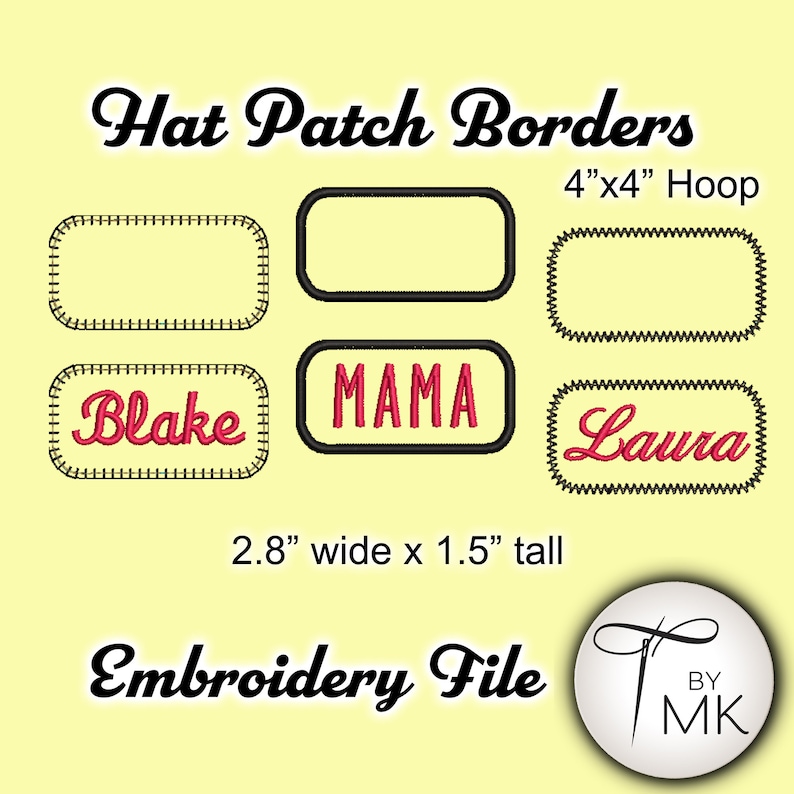 May include: Embroidery file for a hat patch border design. The design is 2.8 inches wide and 1.5 inches tall. The design features a black outline with a stitched edge and a red interior. The design is for a 4x4 inch hoop.