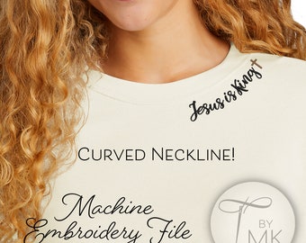 May include: A white t-shirt with a curved neckline and black embroidery that reads "Jesus is King" on the neckline. The text "Machine Embroidery File" is written in black cursive script below the neckline. The text "©2023 THREADED BY MARY KAYE" is written in black below the cursive text. A white circle with a black needle and thread design is in the lower right corner with the text "BY MK" in black.