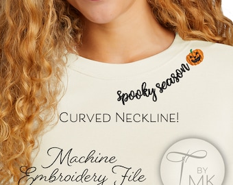 Wzór do haftu - Upiorna dynia na Halloween - Zakrzywiony dekolt Tekst - Zakrzywione słowa na kołnierzyku