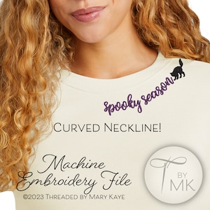Embroidery Pattern - Halloween Spooky Cat - Curved Neckline Text - Curved Words on Collar