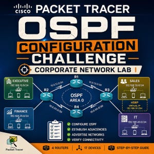 May include: A Cisco Packet Tracer OSPF Configuration Challenge infographic for a corporate network lab. It displays a network topology with four routers labeled R1 through R4, OSPF Area 0, and four departments: Executive, Finance, Sales, and IT.