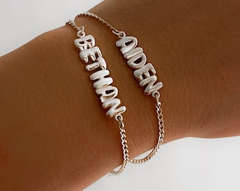 Sterling Silver 3d Bubble Letter Bracelet, 3 Bracelet with Name, Bubble Name Bracelet, Initial Friendship Bracelet, Personalized Jewelry