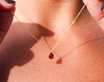 Tiny Ruby Necklace, Red Ruby Crystal Necklace, Natural Ruby Birth month Pendant, Delicate Red Gemstone Necklace, July Birthstone Necklace