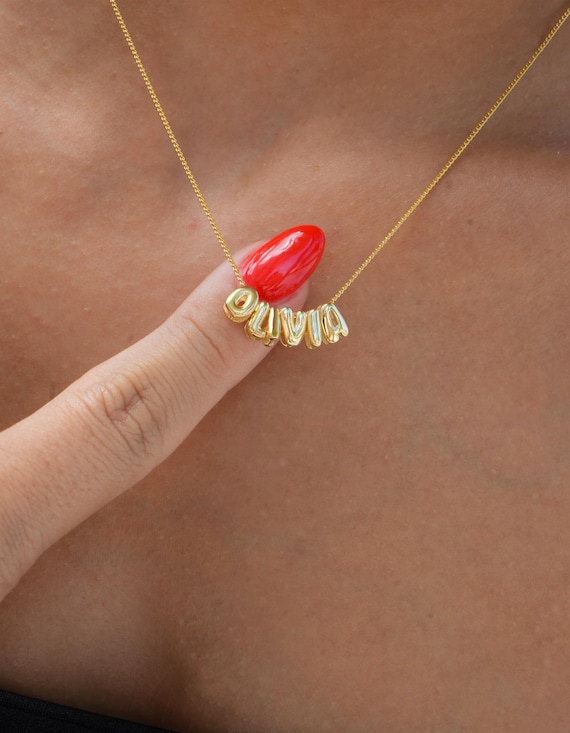 14k Solid Gold 3d Bubble Letter Necklace, Custom Balloon Necklace, Small 3d Letter Necklace, Personalized Name Plate, Dainty Name Necklace