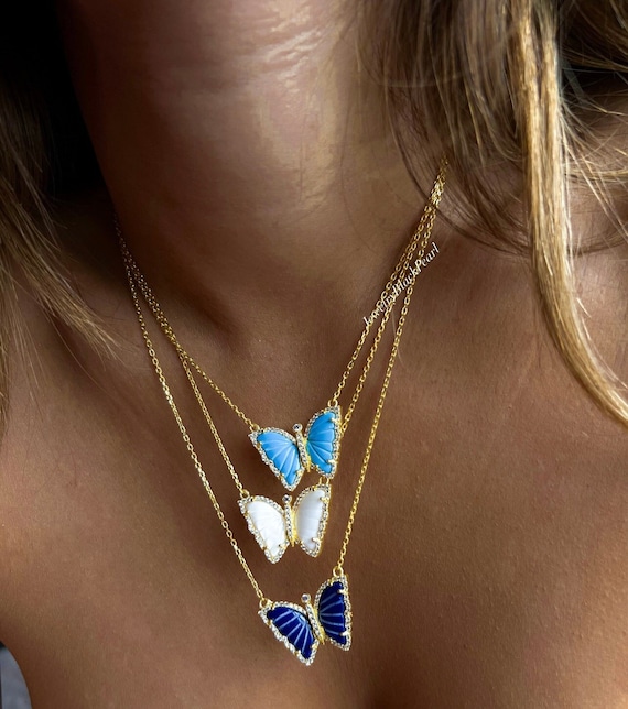 Pave Butterfly Necklace, Malachite Gemstone Colorful Butterfly