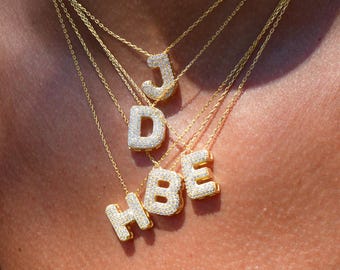 Pave Bubble Letter Necklace, Pave Diamond Bubble Letter Pendant, 14k Gold Balloon Necklace, 3d Letter Necklace, two bubble Initial Necklace