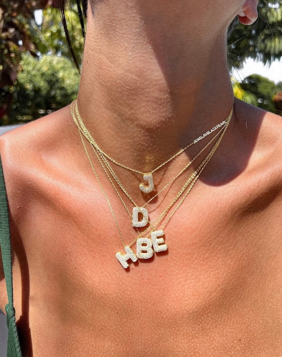 Pave Bubble Letter Necklace, Diamond Letter Pendant, 14k Gold Balloon Necklace, 3d Letter Necklace, Two bubble Initial Necklace