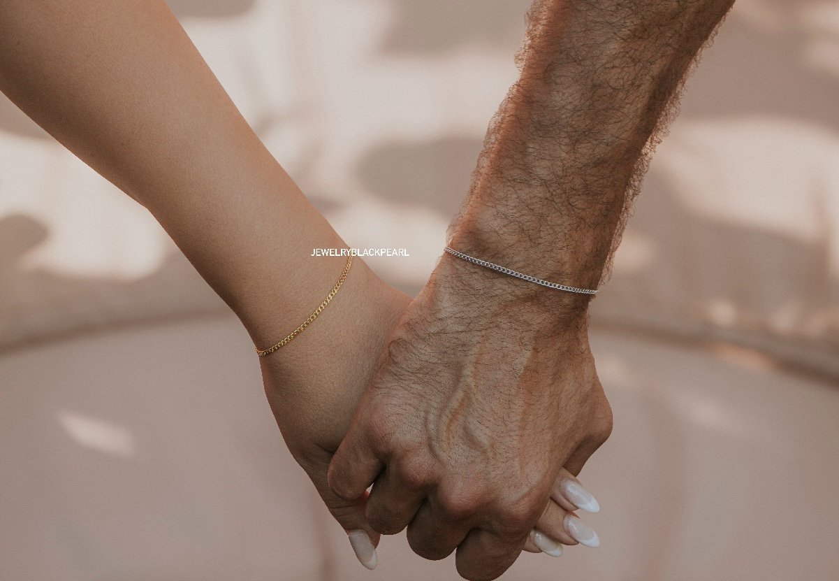 Couple Bracelets Set, 14k Gold Miami Cuban Link Chain Bracelets, Matching Lovers Unisex Couples Bracelet