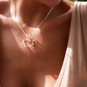 May include: A silver necklace with a pendant in the shape of an eight-pointed star. The necklace is worn against a person's skin, with a beige top visible in the background. The pendant is a delicate, openwork design.