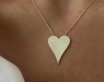 Pave Heart Necklace, Elongated Heart Necklace Mom, Pave Diamond Heart Pendant, Small Large Heart Necklace Layered, Heart Love Necklace