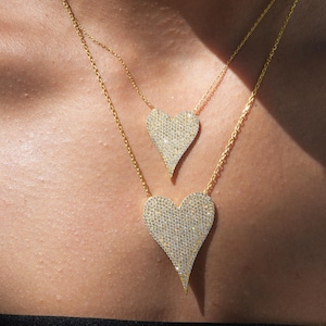 Pave Heart Necklace, Elongated Heart Necklace Mom, Pave Diamond Heart Pendant, Small Large Heart Necklace Layered image 2