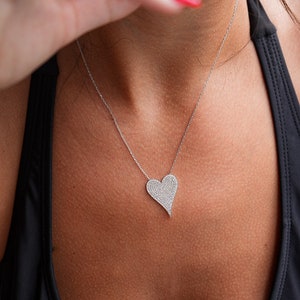 Pave Heart Necklace, Elongated Heart Necklace Mom, Pave Diamond Heart Pendant, Small Large Heart Necklace Layered image 3